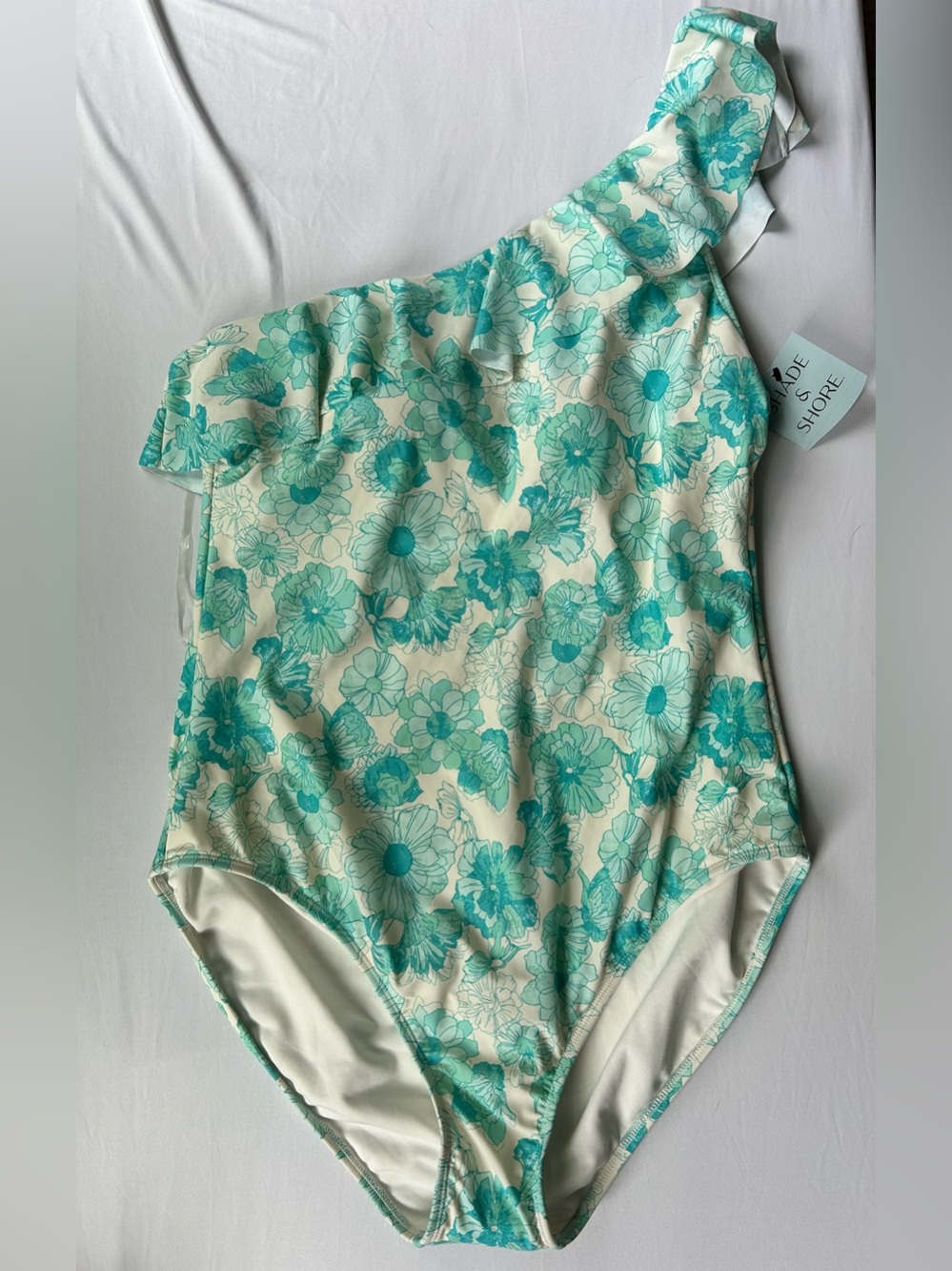 Shade & Shore Teal Floral One-Shoulder Ruffle Swimsuit